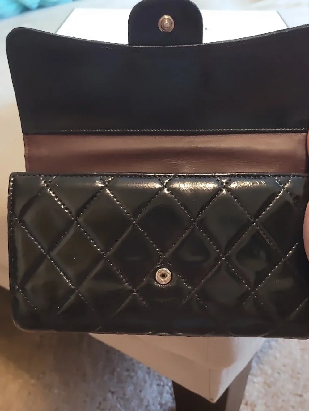 CHANEL Black Quilted Patent Leather Wallet with CC Clasp
